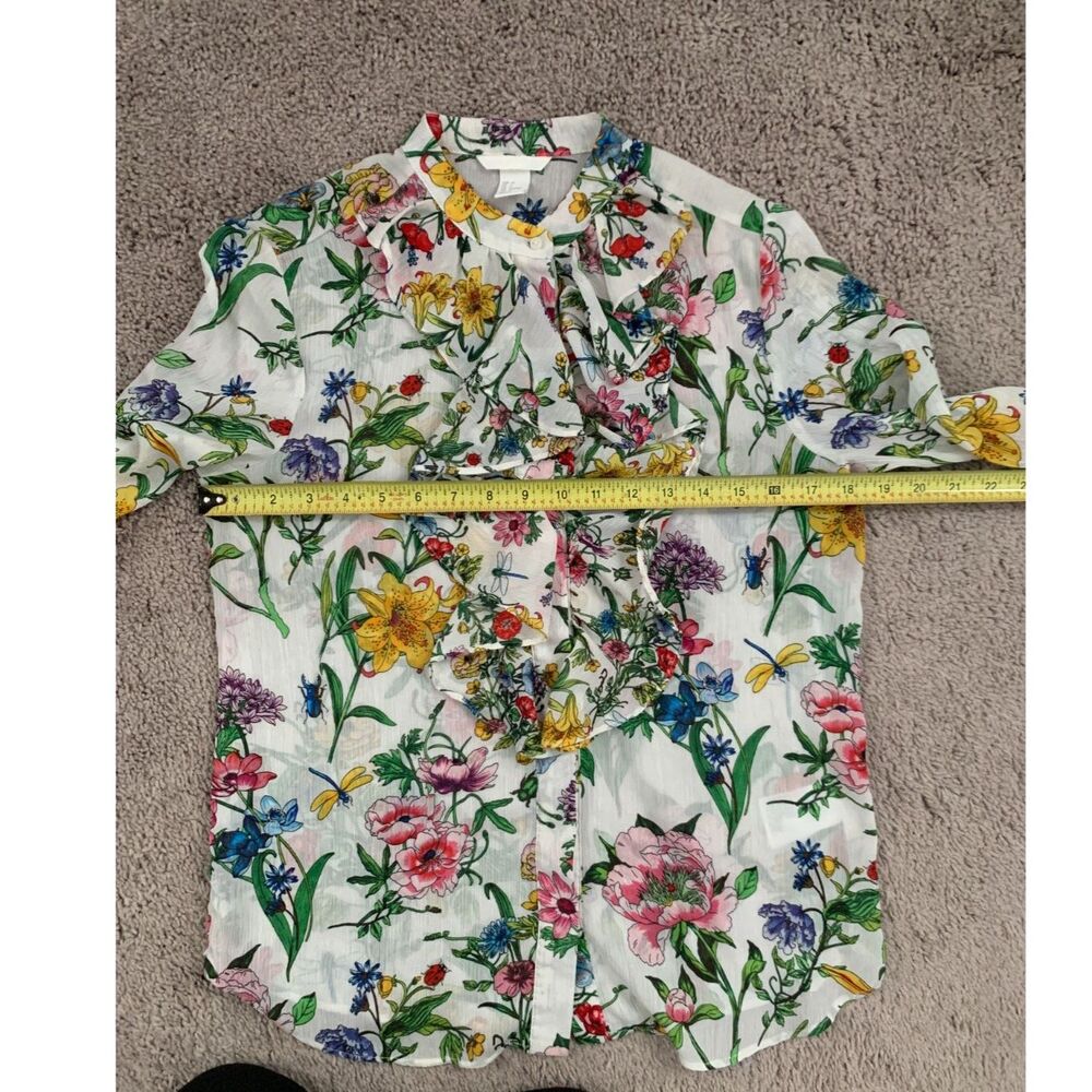 H&M Women Blouse Sz 8 Beige Floral Botanical Plumeti Chiffon Stand Up Collar - Picture 7 of 9
